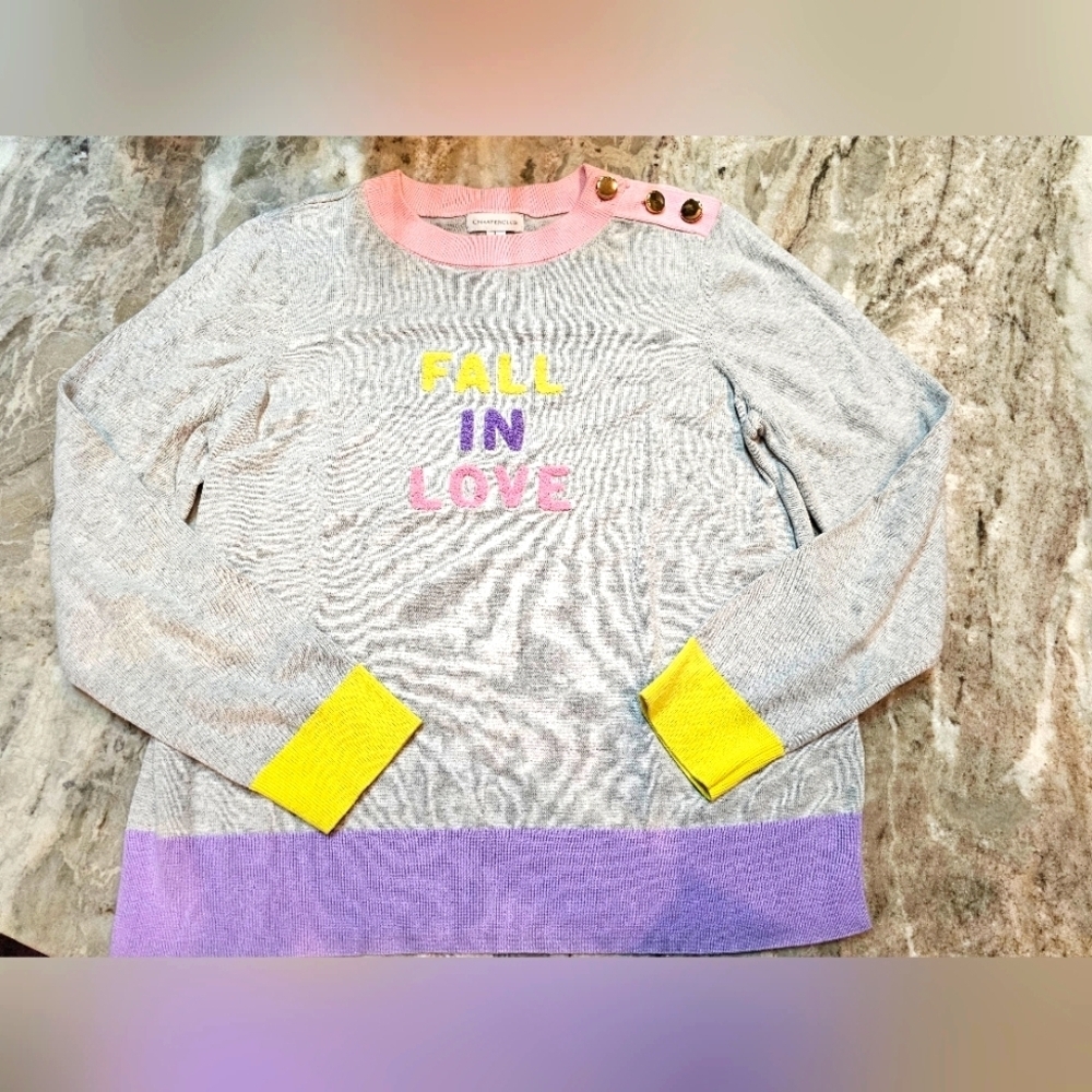 Charter Club Fall In Love Graphic Sweater Large Gray Multicolor Trim